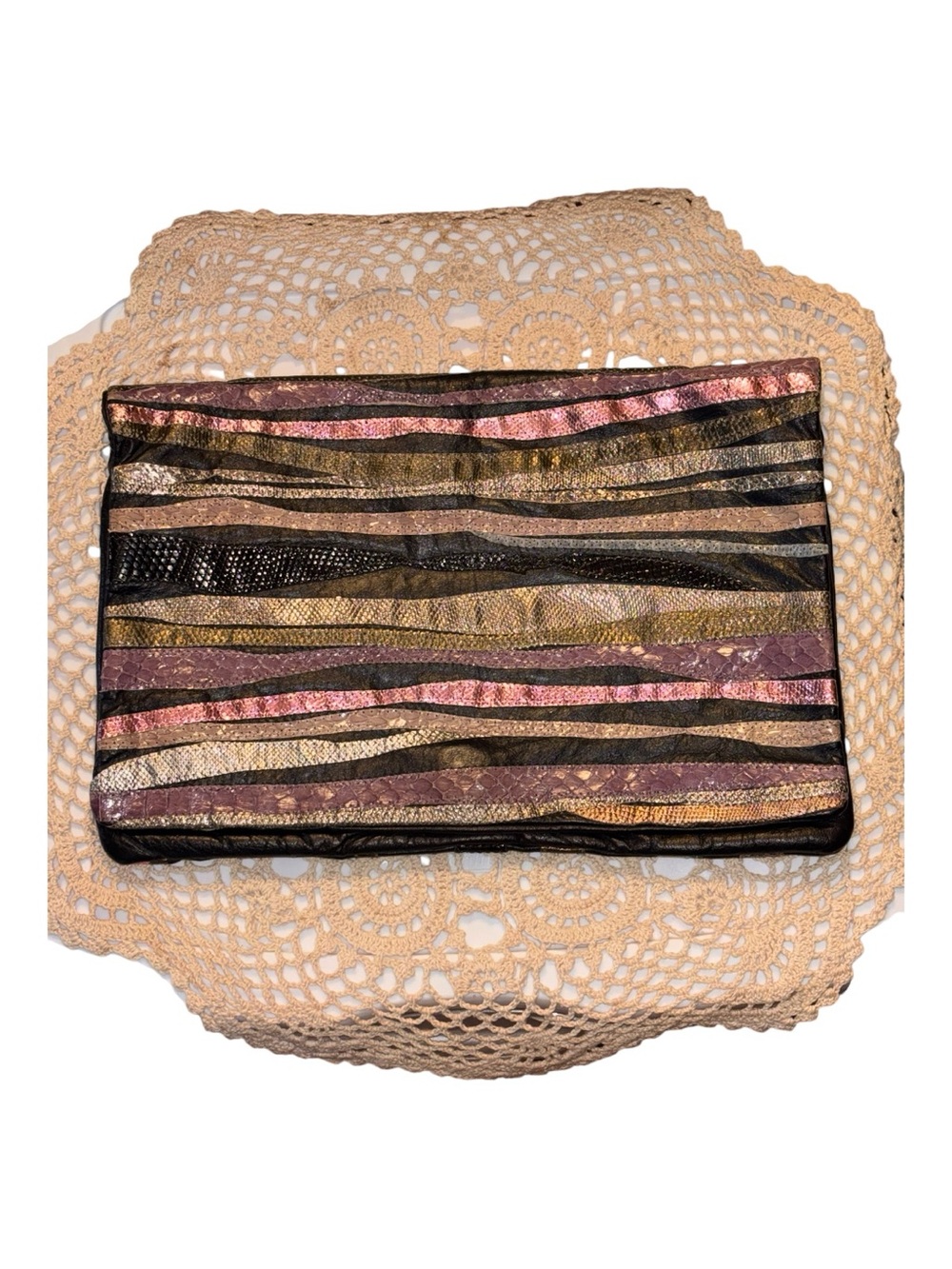 Bag Boutique vintage leather Striped Metallic Multi-Color Clutch 8 X 12 inches